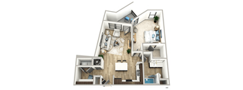 A top down view of a house layout with a living room, kitchen, and bedrooms.