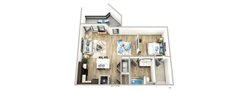 A floor plan of a small apartment with a living room, kitchen, and bedroom.