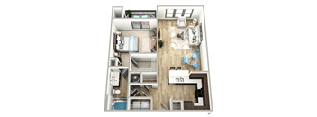 A 3D floor plan of a small apartment with a bedroom, living room, kitchen, and bathroom.