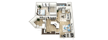 A floor plan of a house with a kitchen, living room, dining room, and two bedrooms.