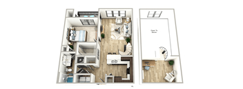 A floor plan of a house with a living room, kitchen, and bedrooms.