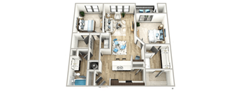 A floor plan of a house with a living room, kitchen, and two bedrooms.