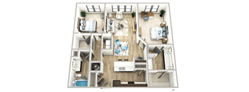 A floor plan of a house with a living room, kitchen, dining room, and bedrooms.
