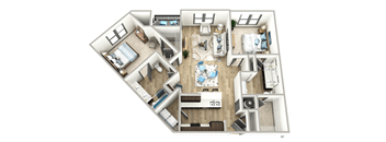 A floor plan of a two-bedroom apartment with a living room, kitchen, and bathroom.