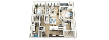 A 3D floor plan of a house with labeled rooms.