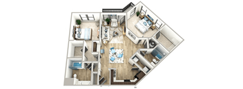 A 3D floor plan of a house with a living room, kitchen, dining room, and two bedrooms.