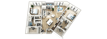 A floor plan of a house with a living room, dining room, kitchen, and two bedrooms.