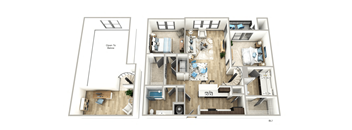A floor plan of an apartment with two bedrooms, a living room, a kitchen, and a bathroom.