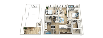 A floor plan of an apartment with a living room, kitchen, and bedrooms.