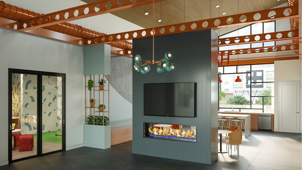 a clubhouse with tables, chairs and a fireplace