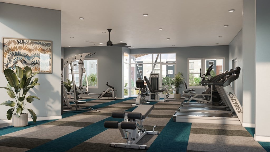 a rendering of a fitness center with equipment