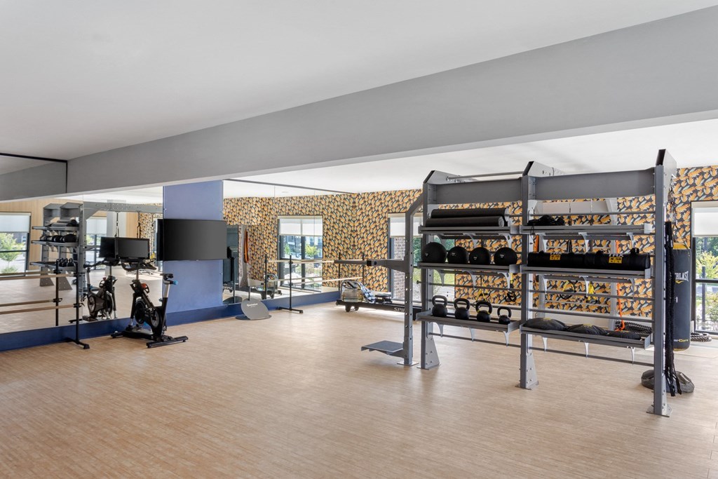 A gym with a variety of equipment including weights and a bench press.