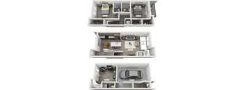 A set of three floor plans for a house with a garage.