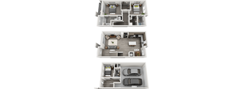 Three different floor plans of an apartment are shown.