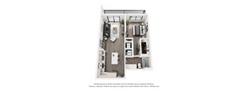 A 3D floor plan of a small apartment with a kitchen, living room, and bathroom.