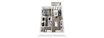 A 3D floor plan of a small apartment with a kitchen, living room, and bathroom.