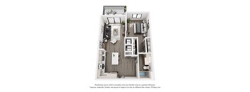 A 3D floor plan of a small apartment with a kitchen, living room, and bathroom.