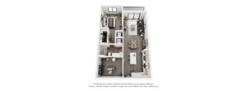 A floor plan of a two-story apartment with a living room, kitchen, dining room, and bedrooms.