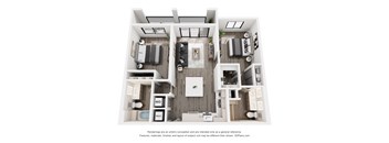A 3D floor plan of a house with a kitchen, living room, and two bedrooms.