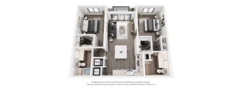 A 3D floor plan of a small apartment with a kitchen, living room, and two bedrooms.