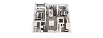 A 3D floor plan of a small apartment with a kitchen, living room, and bedrooms.