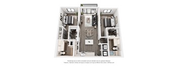 A 3D floor plan of a house with a kitchen, living room, and bathrooms.