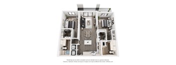 A 3D floor plan of a house with a kitchen, living room, and two bedrooms.