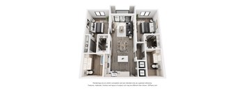 A 3D floor plan of a house with a kitchen, living room, dining room, and two bedrooms.