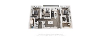 A 3D floor plan of a small apartment with a kitchen, living room, and two bedrooms.