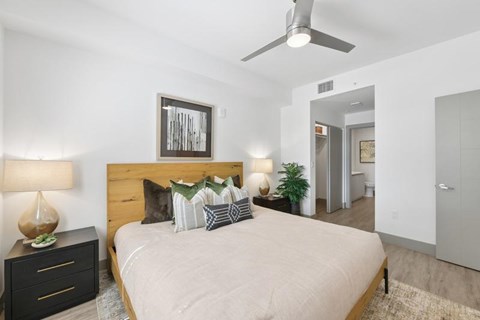 A bedroom with a large bed, a ceiling fan, and a nightstand with a lamp.