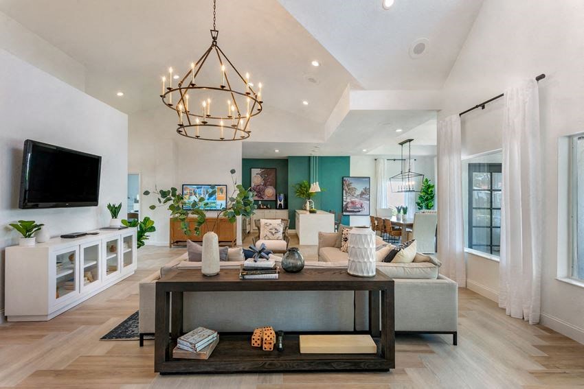 a living room with a couch and a table