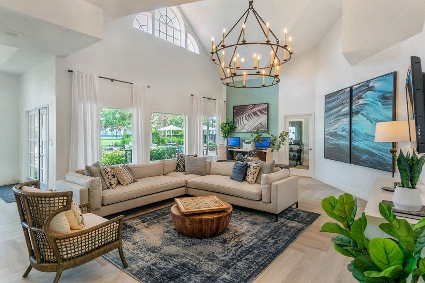 a living room with a couch and a table