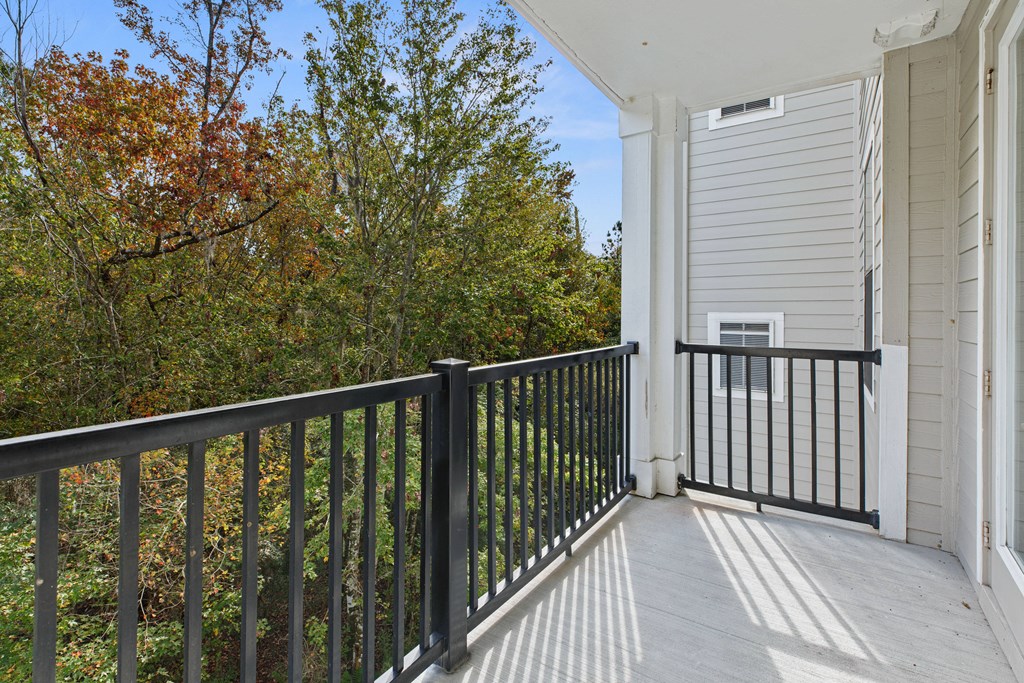 the deck has a view of the trees and the house