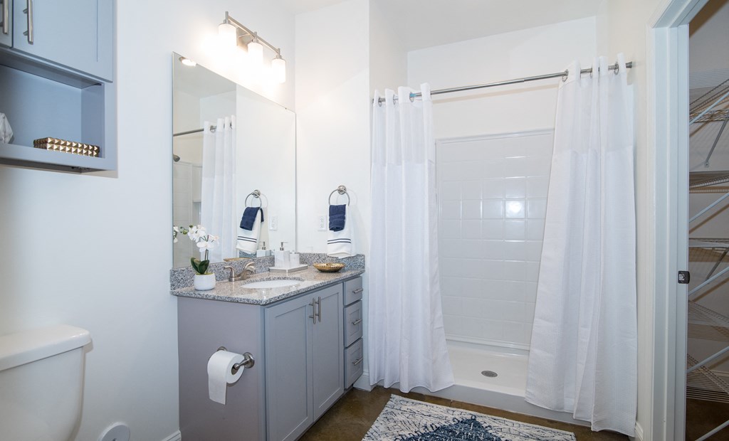 a bathroom with a shower and a sink and a mirror