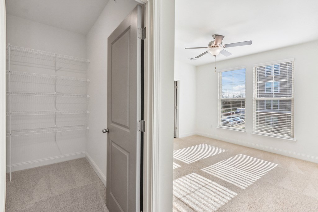 an empty bedroom with a closet and a ceiling fan