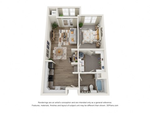 a stylized floor plan with a bedroom and a living room