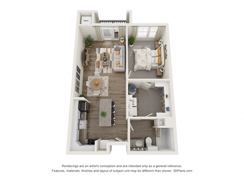 a stylized floor plan with a bedroom and a living room