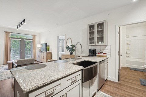 a kitchen and living room with a sink and a counter top