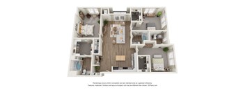 A 3D floor plan of a house with a kitchen, living room, and bedrooms.