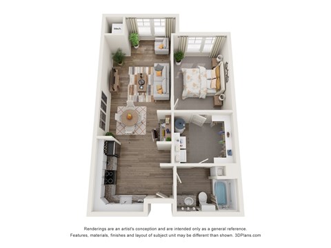 A 3D floor plan of a unit with a living room, dining room, kitchen, and bathroom.