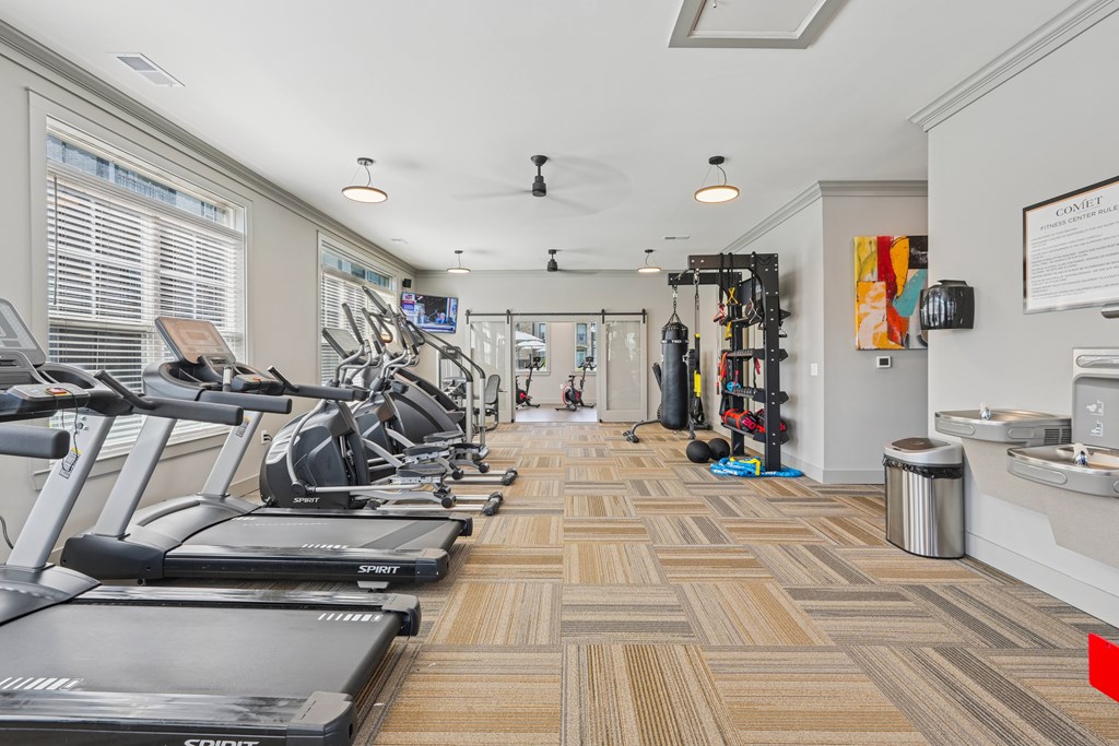 A gym with treadmills and exercise equipment.
