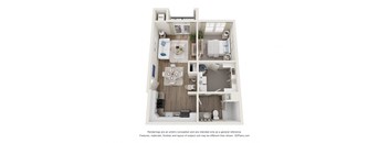 A 3D floor plan of a small apartment with a kitchen, living room, and bathroom.