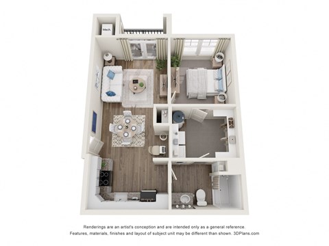 A 3D floor plan of a small apartment with a kitchen, living room, and bathroom.