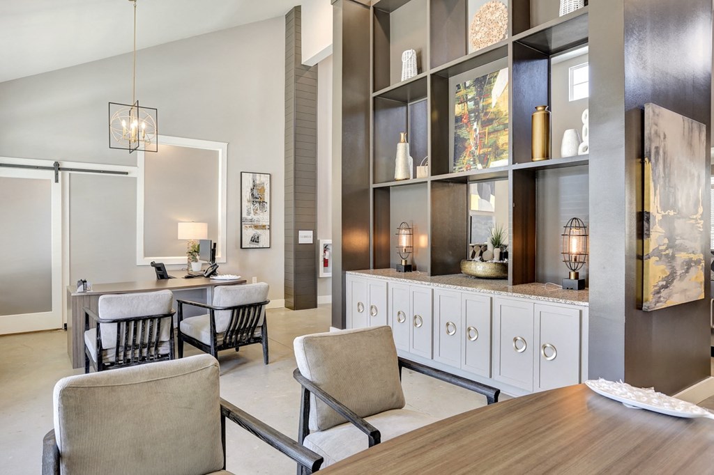 a clubhouse with a table and chairs