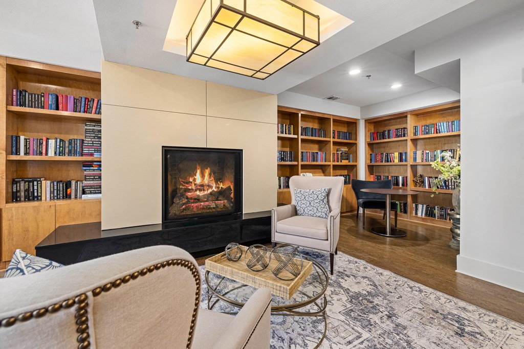 a living room with a fireplace and bookshelves
