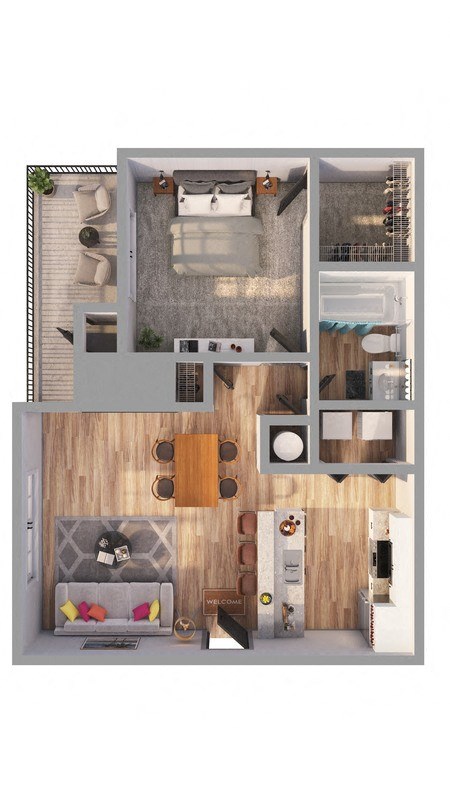a furnished floor plan of a 1 bedroom apartment