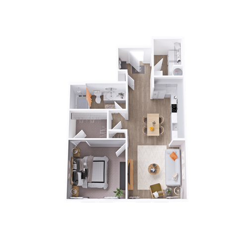 a 3D floorplan of a one bedroom apartment