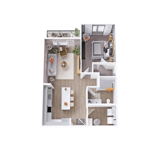 a 3D floorplan of a one bedroom apartment