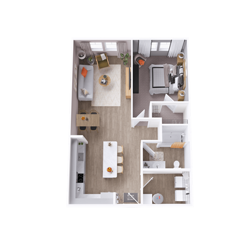 a 3D floorplan of a one bedroom apartment