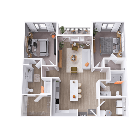 a 3D floorplan of a two bedroom apartment
